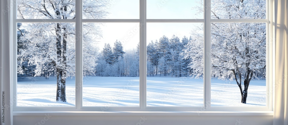 Poster serene winter landscape viewed through a window with white frame showcasing snow-covered trees and a