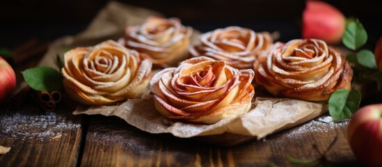 Fototapeta premium Delicate puff pastry roses crafted from apples and cinnamon, arranged on a rustic wooden table with green leaves and soft-focus background.