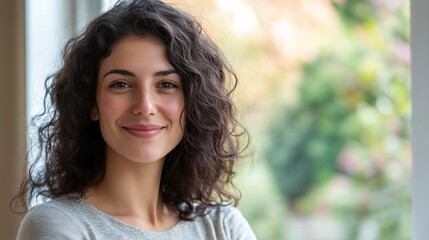 Obraz premium Confident young businesswoman smiling gently, exuding calm and self-assurance.