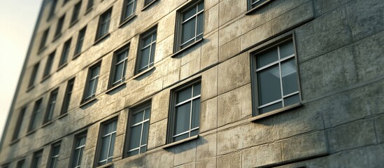 Fototapeta premium Close up of a weathered office building facade featuring aged beige concrete and multiple square windows reflecting soft morning light.