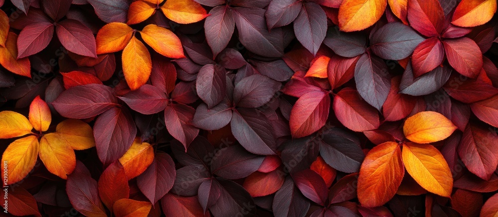 Poster colorful autumn leaves in shades of red, orange, and maroon layered as a textured background with am