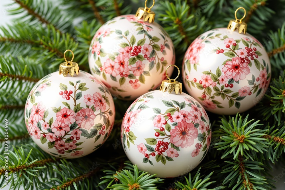 Poster elegant christmas ornaments with floral patterns on a pine branch.