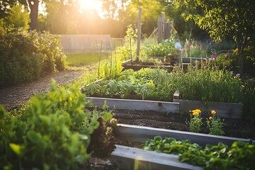 Fototapeta premium Sunset glow on community garden raised beds