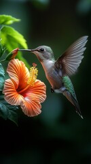 Fototapeta premium Hummingbird hovering and drinking nectar from hibiscus flower in spring equinox. Generative ai ilustration