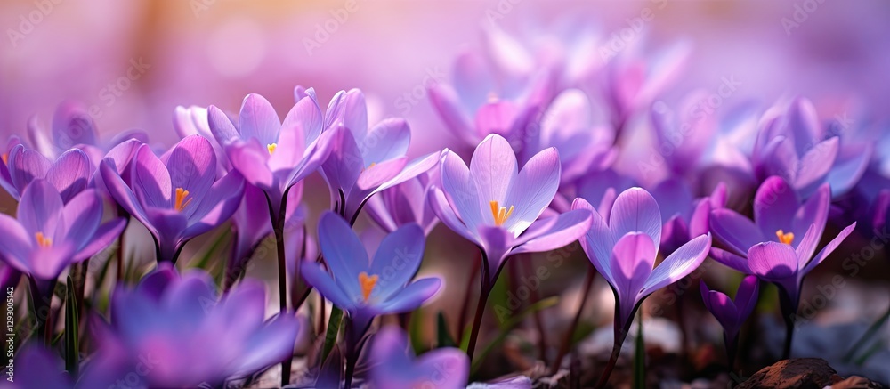 Poster vibrant spring garden scene featuring clusters of delicate purple jeffersonia flowers with soft boke