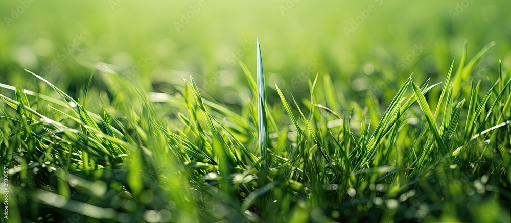 Leinwandbilder Single green blade of grass standing tall in a lush green field, soft background bokeh effect highlighting the vibrant greenery and tranquility.