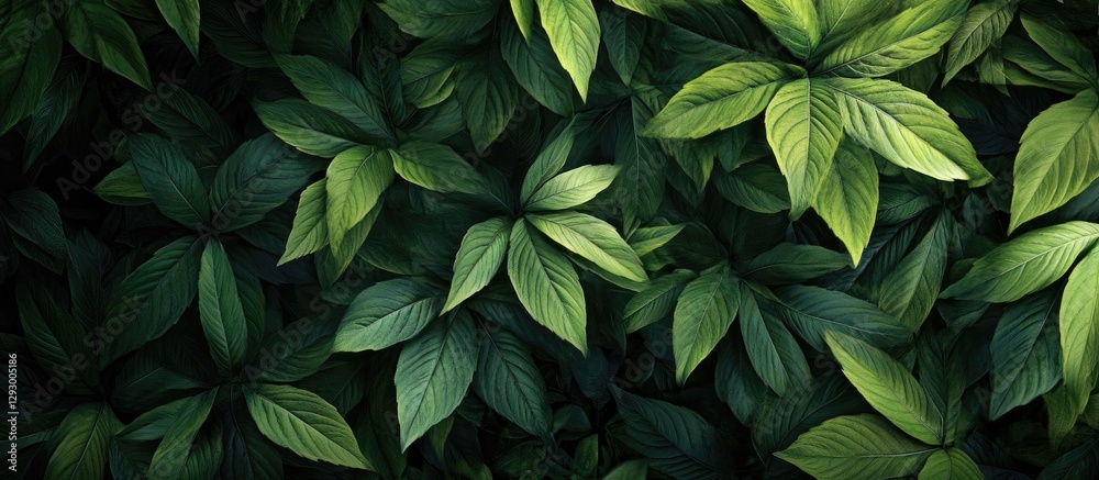 Poster lush green leaves densely layered in varying shades of green, creating a rich texture, illuminated b