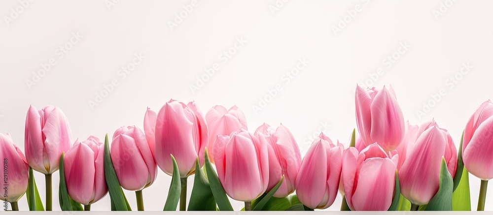 Poster delicate pink tulips arranged along the bottom of a soft white background with ample blank space for