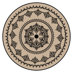 Vector Kyrgyz round ornament. Elements of ornament, motives of Turkic peoples, Kazakhs, Kyrgyz, Mongols. Islamic, Arabic, Indian, Ottoman motives. For plate, embroidery, sandblasting. Round frame.