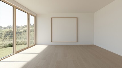 Empty room with large window, scenic view, light wood floor, mockup poster