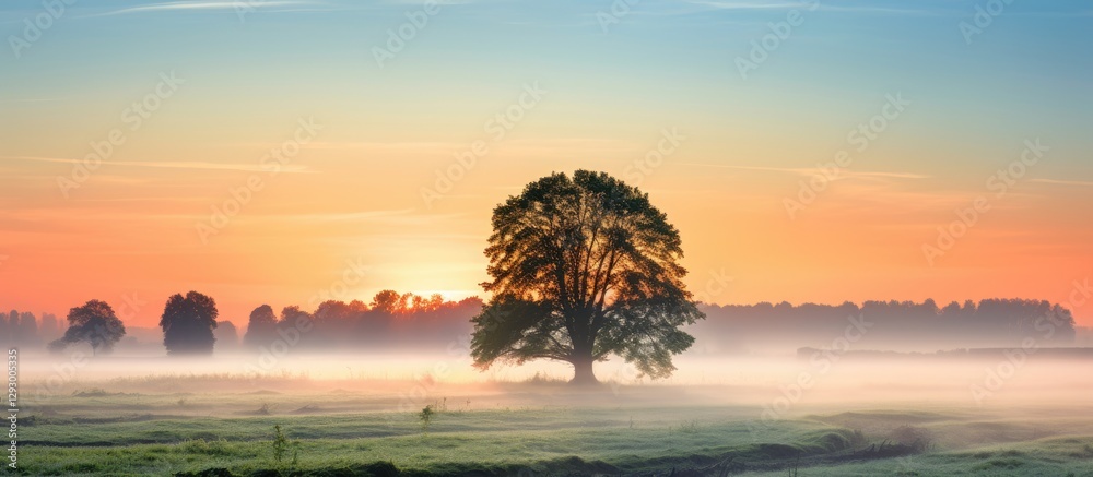 Poster misty dawn landscape with a large tree silhouetted against a warm orange and blue sky, surrounded by