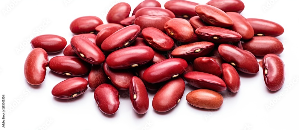 Poster Red kidney beans scattered on a white background showcasing their oval shape and glossy surface with a few beans overlapping for depth.