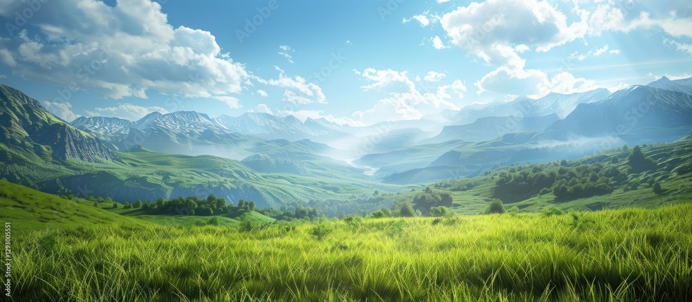 Aufkleber lush green meadows stretch across the foreground with majestic mountains in the background under a b