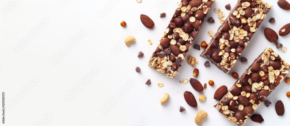 Poster Healthy muesli bars with nuts and dark chocolate arranged diagonally on white background with ample copy space on left for branding and text