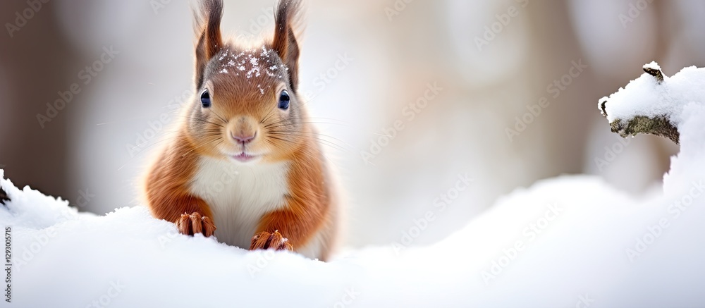 Aufkleber Squirrel with reddish-brown fur crouching on a snowy surface with blurred snowy background creating a serene winter scene.