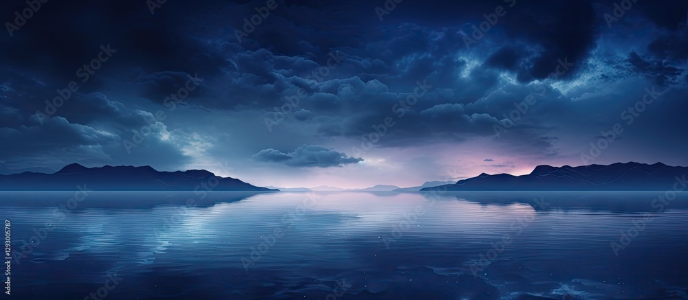 Aufkleber twilight glow in dark lake reflecting a moody blue sky with dramatic clouds and gentle waves creatin
