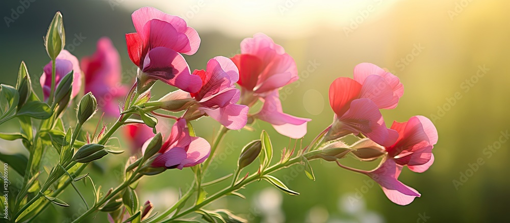 Poster close up of vibrant pink lathyrus vernus flowers in a sunlit meadow with a soft green background and