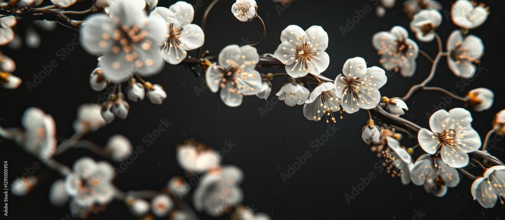 Poster delicate plum blossoms in soft white hues adorn dark branches with ample copy space, creating a sere