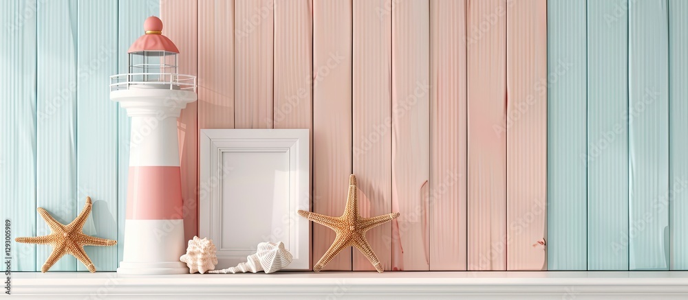 Aufkleber pastel wooden backdrop featuring a white shelf with a lighthouse, two starfish, and an empty frame f