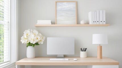 Modern home office workspace with natural light and decor