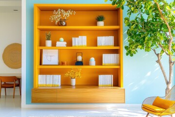 Bright Modern Home Office Backdrop Featuring Elegant Shelf And Greenery: Inspiring Atmosphere For Zoom Meetings