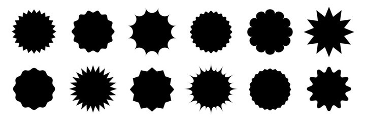 Star round sticker tag icon shape pack. Circle starburst label shape for promo, sale, price offer badge sticker. Round tag shape vector icon. Sale, promo label color design. Vector illustration