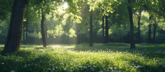 Obraz premium Fresh green foliage blankets a sunlit meadow in a tranquil park, trees stand tall amidst dappled light creating a serene natural atmosphere.