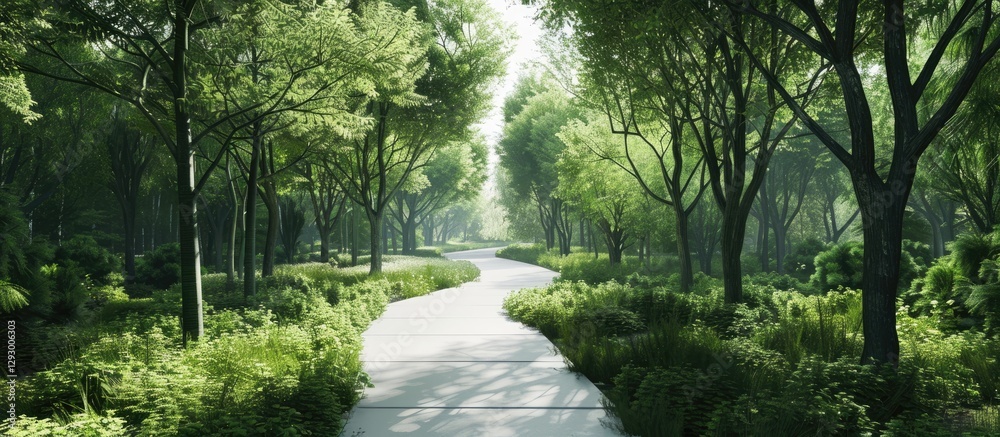 Poster Serene summer forest path winding through lush green trees and foliage creating a peaceful urban retreat with ample space for content placement