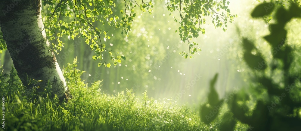 Fototapete Lush green forest scene with soft focus on foreground grass and leafy branches creating a tranquil atmosphere with dappled sunlight.