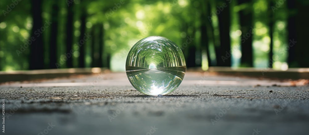 Poster clear glass ball reflecting a lush green forest along a pathway, centered in the image, with blurred