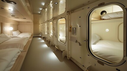 Obraz premium Modern Capsule Hotel Interior with Minimalist Design and Cozy Sleeping Pods