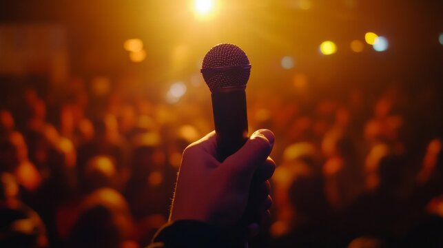 Engaging public speaking  a hand holding a microphone before a blurred audience at a live event