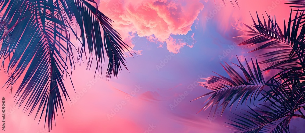 Poster vibrant pink and purple evening sky with fluffy clouds in the center and dark palm leaves framing th