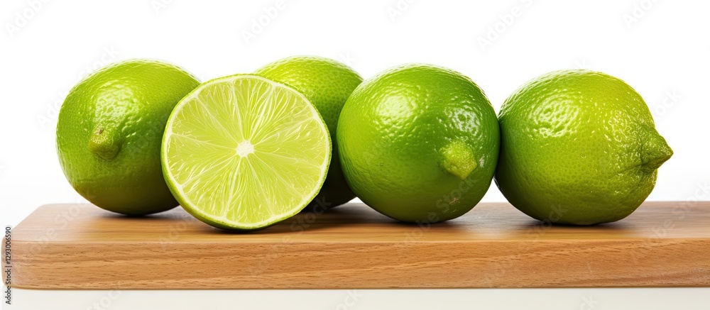 Poster fresh green limes arranged on a wooden chopping board with one lime sliced in half showcasing bright