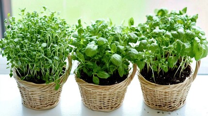 Naklejka premium Three baskets filled with green plants sit on a window sill