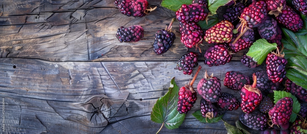 Aufkleber Vibrant mulberries in deep purple and red hues arranged on a rustic wooden surface with green leaves offering ample copy space for text.