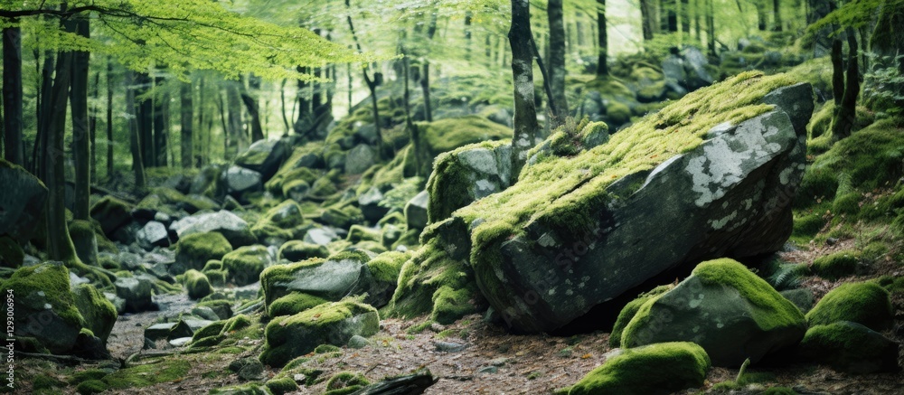 Aufkleber Moss-covered rocks in a vibrant green mountainous forest displaying a mix of stone and lush vegetation with a serene rugged terrain backdrop