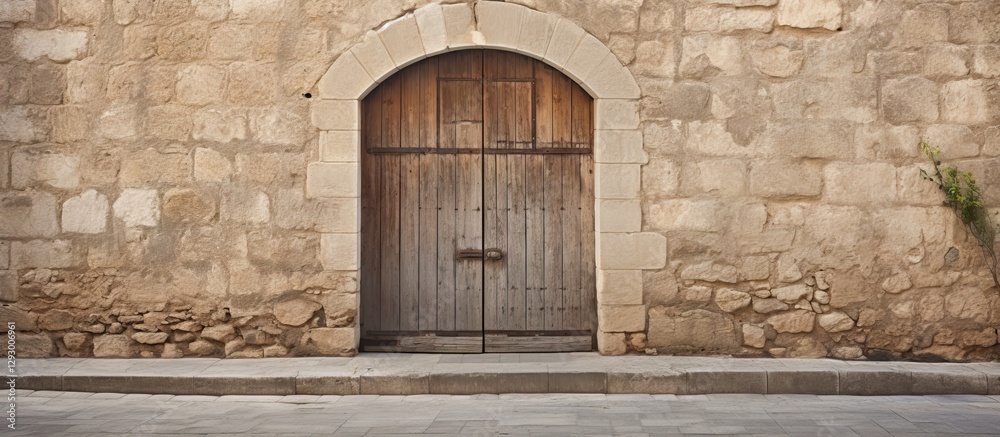Poster Arched wooden door centered on an old stone wall with warm beige tones and subtle greenery on the left creating a rustic, inviting atmosphere