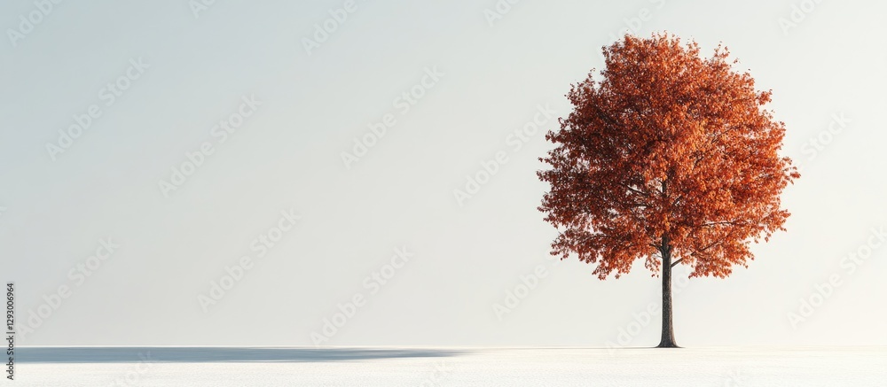 Leinwandbilder Isolated vibrant orange deciduous tree against a soft white background with gentle shadows extending to the right side of the image.
