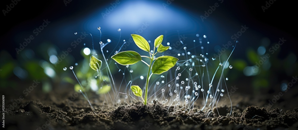 Aufkleber vibrant green seedling emerging from rich dark soil with droplets of water illuminated by soft blue 