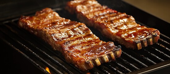 Grilled ribs sizzling on a barbecue grill with a rich brown glaze showcasing outdoor cooking delight during Labor Day celebrations.