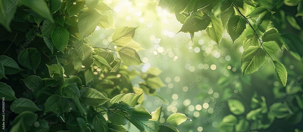 Poster lush green foliage with sunlight filtering through branches creating a serene, peaceful atmosphere w