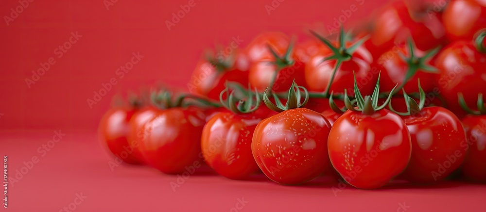 Poster Vibrant red mini tomatoes grouped at the forefront against a matching red background creating a fresh appealing copy space for design use
