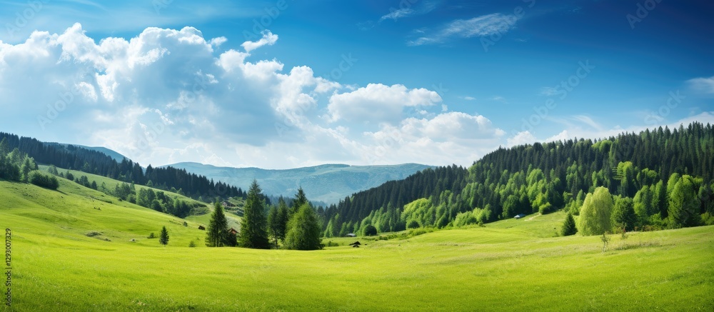 Poster panoramic view of a vast green glade surrounded by mountains under a vivid blue sky with fluffy whit