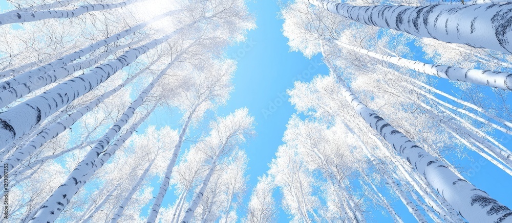 Aufkleber perspective view of a birch forest with tall white trunks against a bright blue sky creating a seren