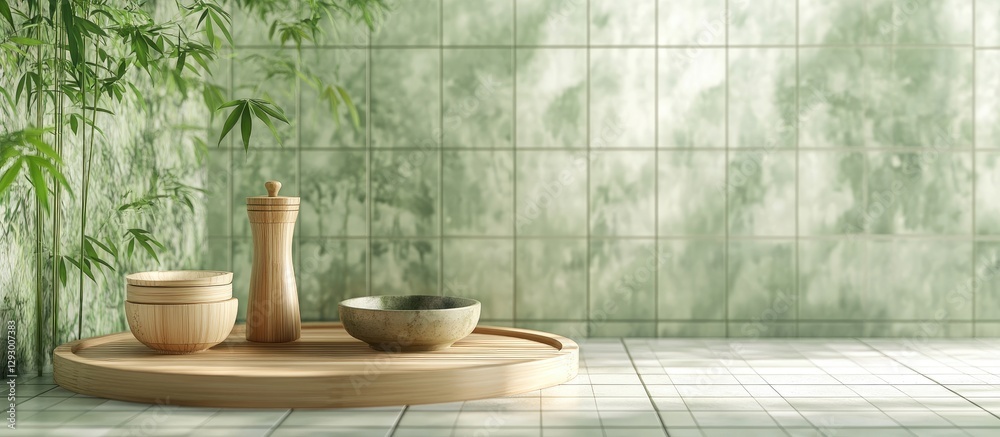 Poster bamboo kitchenware displayed on a circular tray with bowls and a pepper mill against a green tiled b