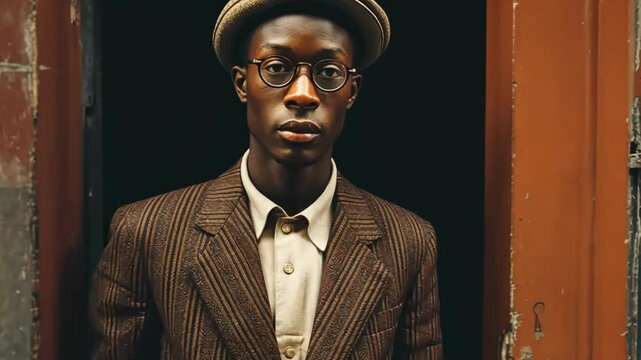 retro vintage portrait of black African man wearing Berette cap and brown jacket  standing at grungy outside of house