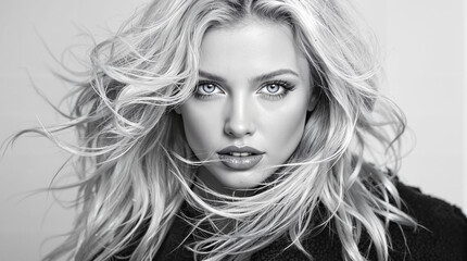 Fototapeta premium Portrait of a young woman with a striking expression and flowing hair in black and white