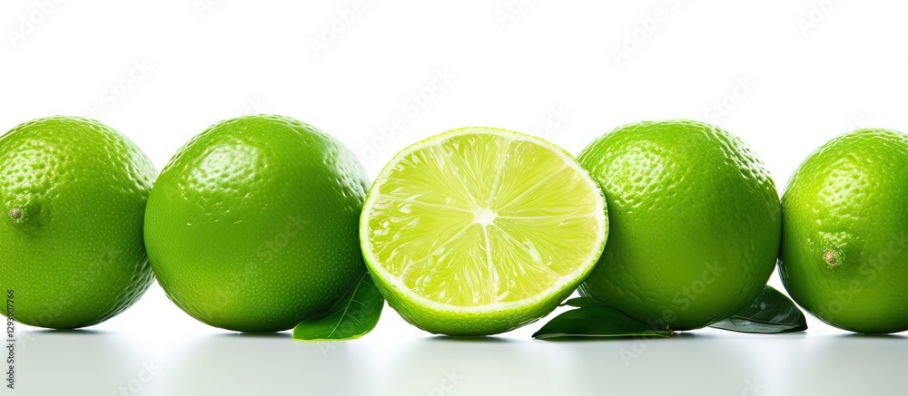 Poster Fresh green limes arranged in a line against a bright white background with one lime cut in half showcasing the juicy interior.