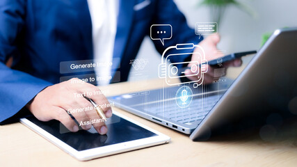 Chat with AI or Artificial Intelligence. Young businessman chatting with a smart AI or artificial intelligence using an artificial intelligence chatbot developed by OpenAI.